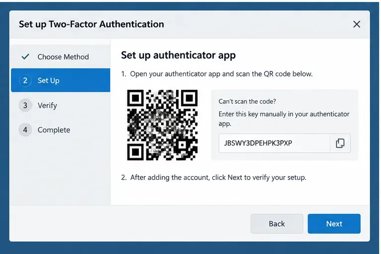 Pantalla de configuración de la aplicación de autenticación Zimbra con un área para código QR y clave de configuración manual.