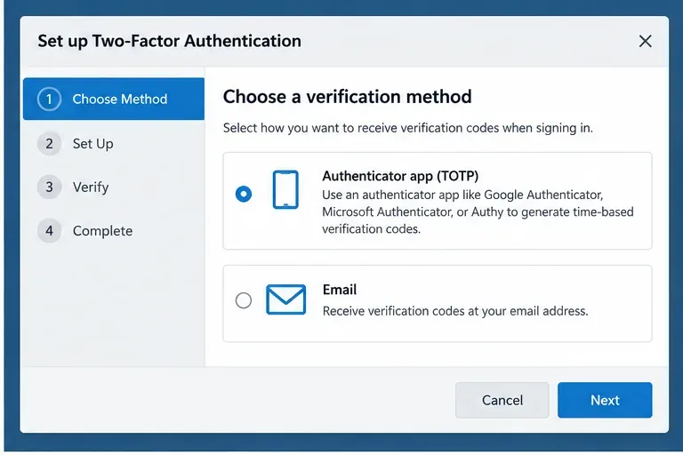 Diálogo de configuración de autenticación de dos factores que muestra la aplicación de autenticación y el correo electrónico como métodos de verificación seleccionables.
