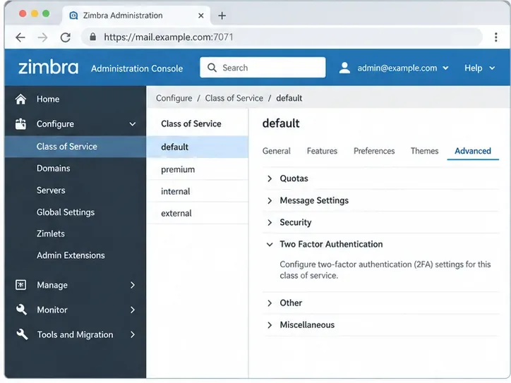 Página avanzada de la clase de servicio de la consola de administración de Zimbra con la sección de autenticación de dos factores ampliada.