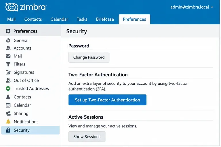 Página de preferencias del cliente web de Zimbra que muestra el control de configuración de la autenticación de dos factores.
