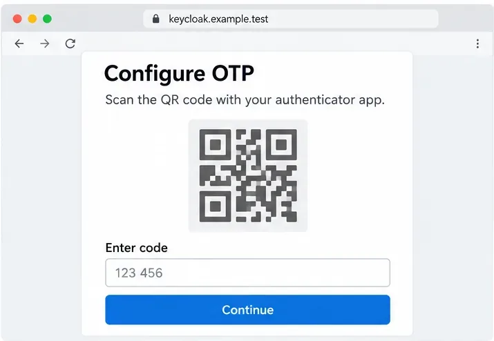 صفحة توضيحية لتكوين رمز التحقق لمرة واحدة (OTP) في Keycloak، تتضمن رسمًا بيانيًا عامًا للتسجيل على شكل رمز QR، وحقلًا للرمز، وزر "متابعة".
