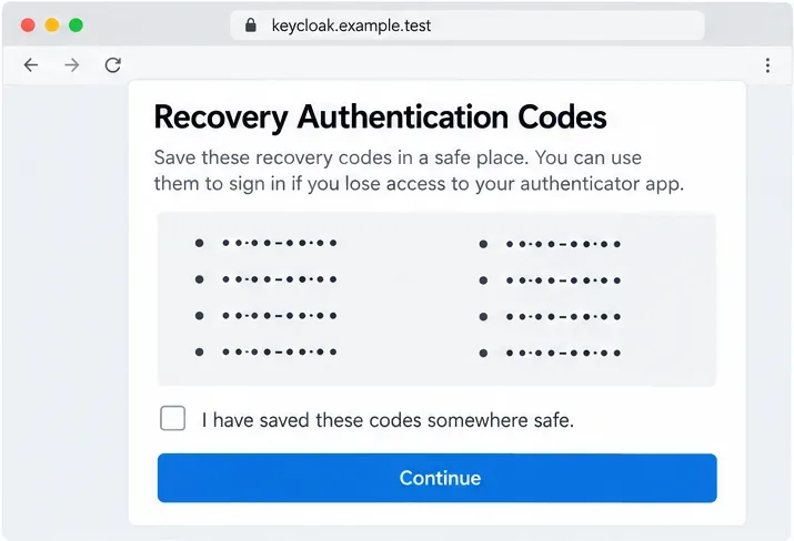 صفحة توضيحية لرموز مصادقة استعادة Keycloak مع رموز عناصر نائبة مخفية ومربع اختيار للتأكيد