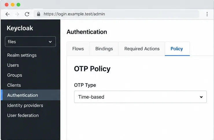 صفحة مصادقة Keycloak مع تحديد علامة تبويب السياسة، تعرض سياسة كلمة المرور لمرة واحدة (OTP) والمصادقة المستندة إلى الوقت كنوع كلمة المرور لمرة واحدة (OTP).