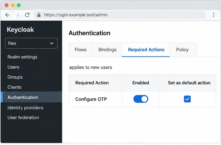 جدول الإجراءات المطلوبة في Keycloak مع تمكين خيار "تكوين كلمة المرور لمرة واحدة" وتحديد خانة الاختيار الخاصة به كإجراء افتراضي للمستخدمين الجدد