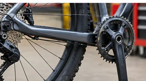 チェーンを取り外した自転車の駆動系。チェーンリング、カセットスプロケット、リアディレイラーが露出している。