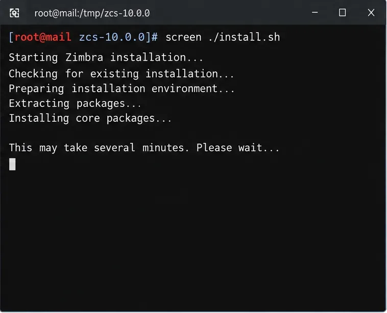 画面内で実行されている Zimbra install.sh セッションのターミナル図。