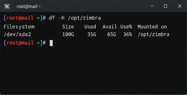 LinuxターミナルにZimbraのインストールパスのディスク容量チェック画面が表示される。