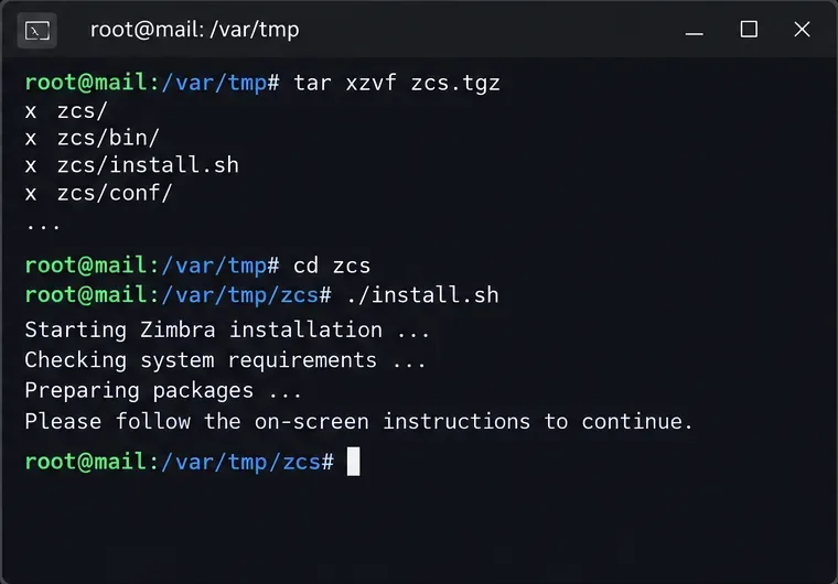 tarアーカイブの展開とそれに続くZimbraのinstall.shの実行を示すターミナル画面の図。