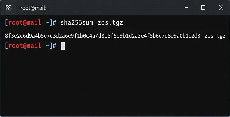ZimbraインストールアーカイブのSHA-256チェックサム計算結果を表示するターミナル画面