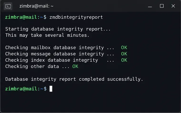 Zimbra 10へのアップグレード前にzmdbintegrityreportが完了したことを示すターミナル画面の図