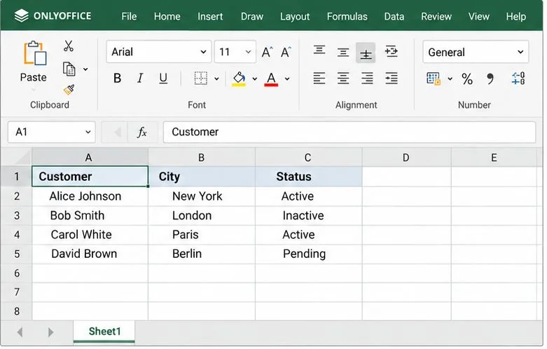 Una hoja de cálculo de ONLYOFFICE con columnas para Cliente, Ciudad y Estado, y cuatro registros de ejemplo.