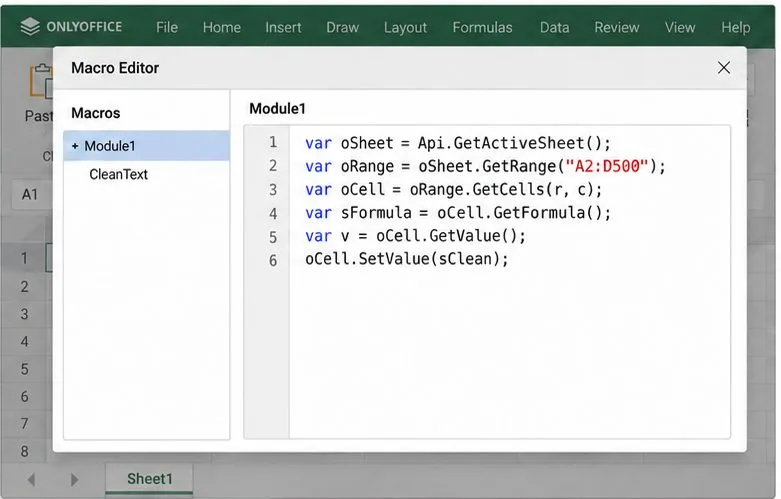 El editor de macros de ONLYOFFICE muestra líneas de JavaScript que seleccionan un rango delimitado y leen fórmulas y valores de celdas.