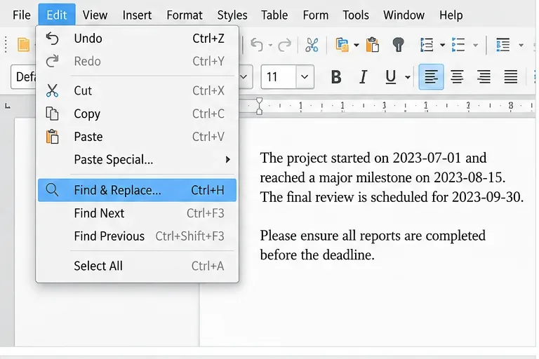 Menú Editar de LibreOffice Writer con Buscar y Reemplazar resaltados y Ctrl+H mostrado