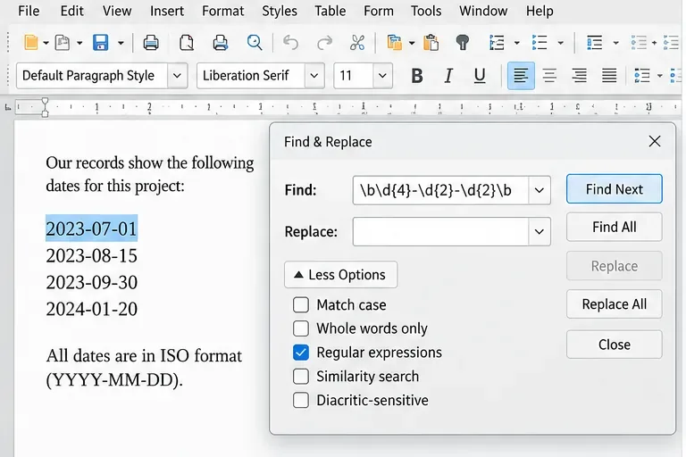 Documento de Writer con fechas ISO y un cuadro de diálogo de Buscar y reemplazar que utiliza una expresión regular de fecha.