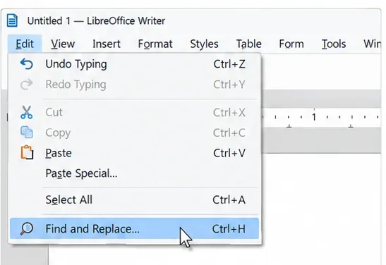 Menú Editar de LibreOffice Writer que muestra el comando Buscar y reemplazar.