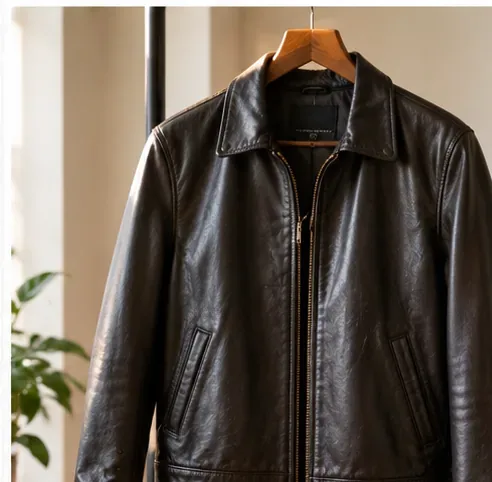 黒い革のジャケットが、屋内の広い木製ハンガーに吊るされ、自然乾燥されている。