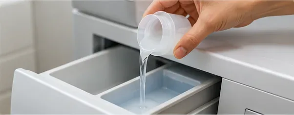 少量の透明な液体洗剤が洗濯機の洗剤投入口に注がれている。