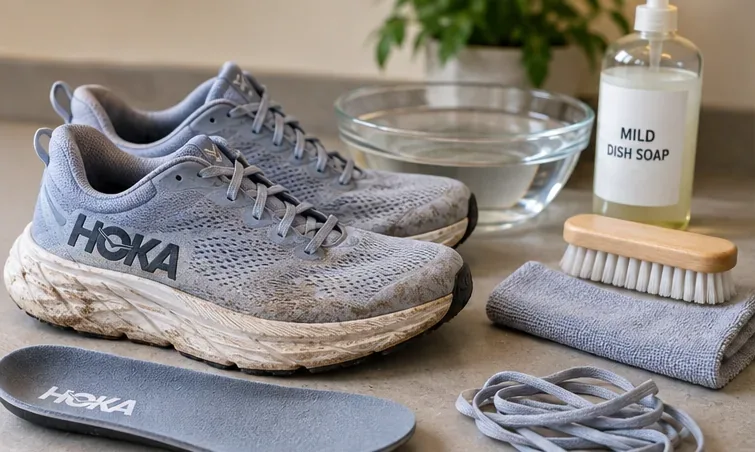 Vuile lichtgrijze HOKA hardloopschoenen, met daaronder verwijderde binnenzolen, veters, een zachte borstel, een microvezeldoek, een kom water en een mild afwasmiddel.
