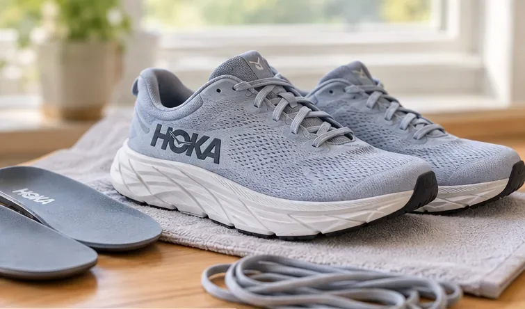 Een paar schone, lichtgrijze HOKA hardloopschoenen ligt binnen te drogen op een handdoek, naast de verwijderde binnenzolen en veters.