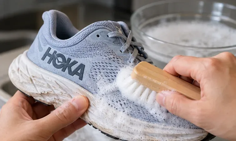 Een lichtgrijze HOKA hardloopschoen wordt voorzichtig met de hand schoongemaakt met een zachte borstel en mild zeepsop.