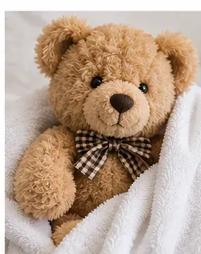 Een pas gewassen teddybeer, gewikkeld in een schone witte handdoek om overtollig vocht te verwijderen.