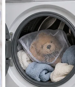 Een knuffeldier in een netzak, geplaatst in een wasmachine met voorlader.