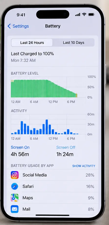 Una schermata di utilizzo della batteria dell'iPhone con grafici del livello di carica e dell'attività, oltre a un elenco delle app che consumano batteria.