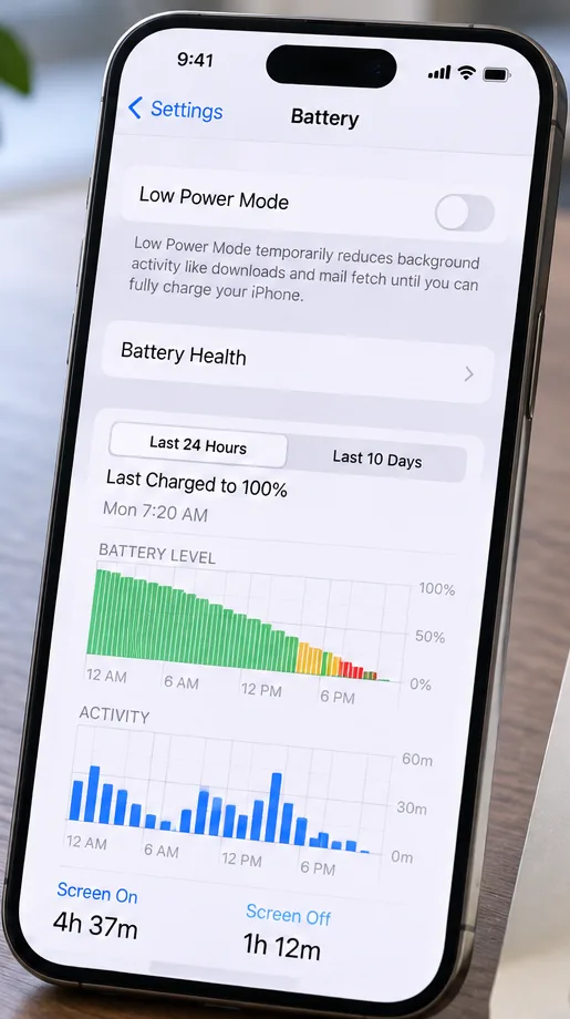 Una schermata delle impostazioni della batteria di un iPhone con la voce "Stato della batteria" sopra i grafici del livello di carica e dell'attività.