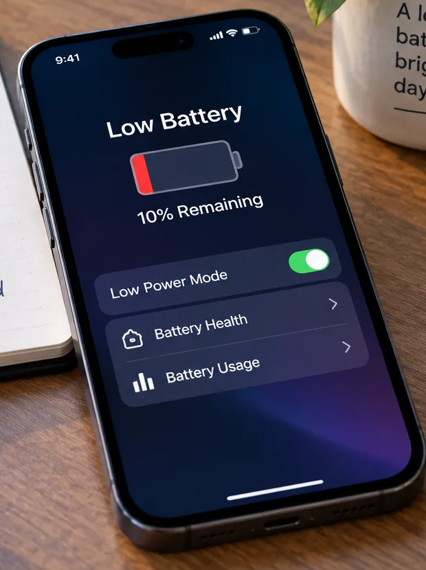 Un iPhone con il 10% di batteria, la modalità Risparmio energetico attivata e le scorciatoie alle impostazioni relative alla batteria.