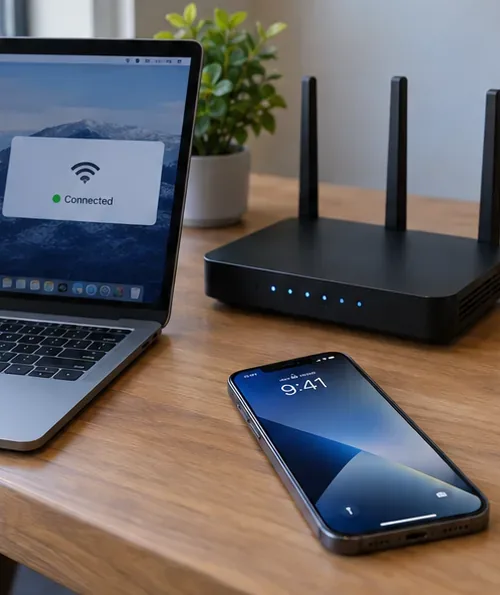Un laptop che mostra lo stato di connessione Wi-Fi attiva accanto a un router domestico e a un iPhone sulla stessa scrivania.