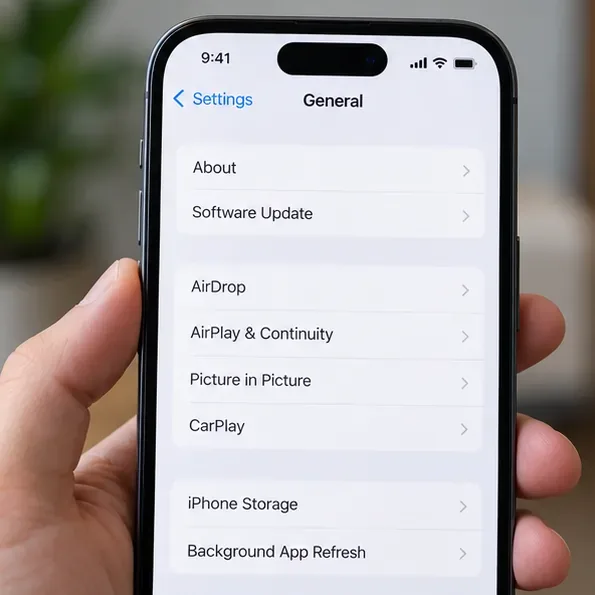 La schermata Impostazioni generali dell'iPhone con le voci Info e Aggiornamento software visibili nella parte superiore.