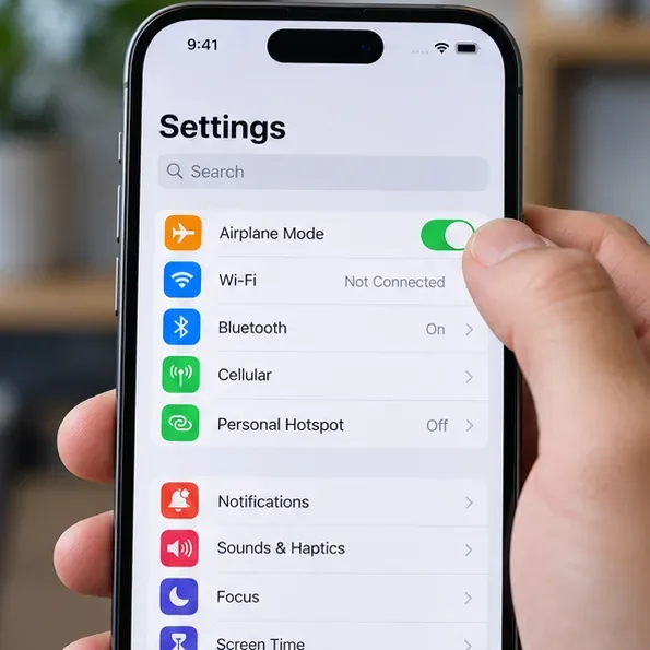 La schermata Impostazioni dell'iPhone con l'interruttore Modalità aereo attivato e il Wi-Fi visualizzato come non connesso.