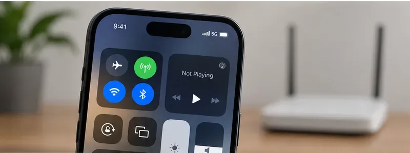 Una schermata del Centro di Controllo dell'iPhone con i comandi per Wi-Fi, rete cellulare, Bluetooth e Modalità aereo visibili accanto a un router domestico.