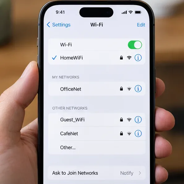 La schermata delle impostazioni Wi-Fi dell'iPhone mostra HomeWiFi selezionato con un segno di spunta e diverse altre reti disponibili.