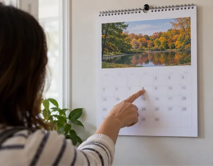Una persona indica un calendario da parete con la foto di un paesaggio autunnale in una casa