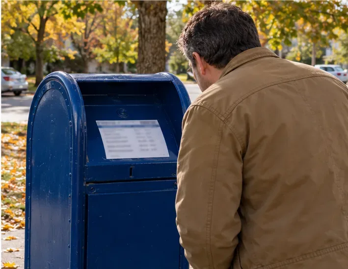 Una persona legge il piccolo orario su una cassetta postale blu sotto gli alberi autunnali.