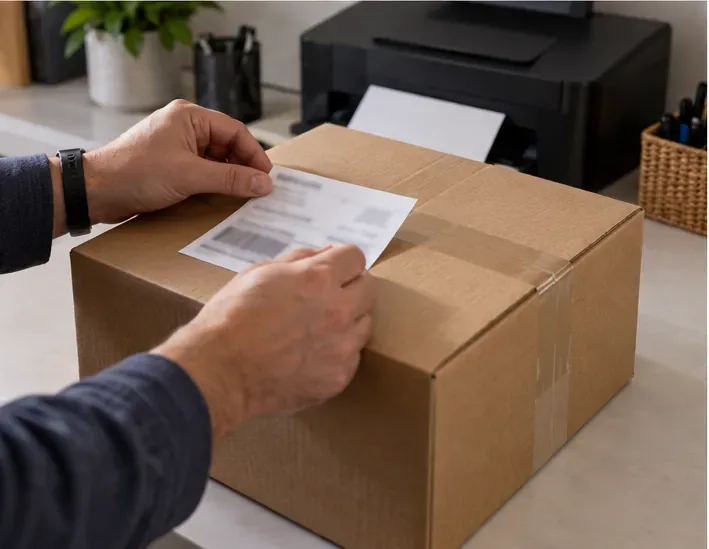 Delle mani posizionano un'etichetta di spedizione stampata ma illeggibile su un pacco di cartone sigillato accanto a una stampante.