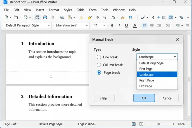 LibreOffice Writer의 수동 나누기 대화 상자에서 페이지 나누기가 선택되고 페이지 스타일 메뉴가 열려 있으며, 첫 페이지 및 기본 페이지 스타일과 같은 선택 항목이 표시됩니다.