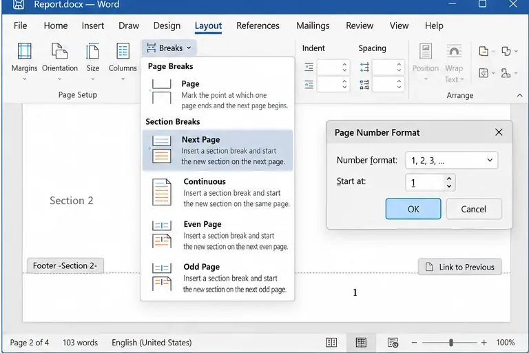 Microsoft Word의 레이아웃 탭에서 '다음 페이지' 섹션 나누기 옵션과 '시작 번호'가 1로 설정된 페이지 번호 서식 대화 상자가 섹션 바닥글 옆에 표시됩니다.