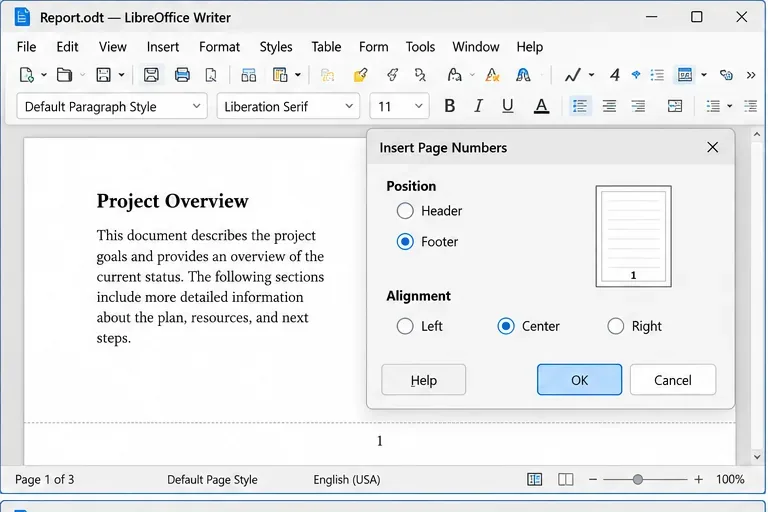 LibreOffice Writer와 Microsoft Word의 페이지 번호 매기기 차이점 설명