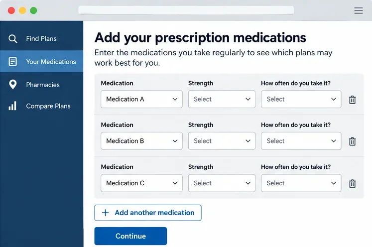 Schermata schematica per l'inserimento di una prescrizione medica, con tre righe e campi segnaposto per i farmaci, indicati per il dosaggio e la frequenza di assunzione.