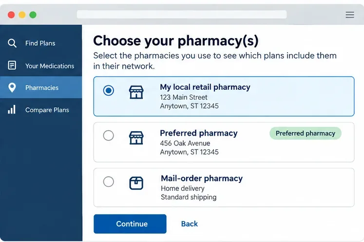 Schema della schermata di selezione della farmacia che mostra una farmacia locale, un'opzione di farmacia preferita e la consegna a domicilio.