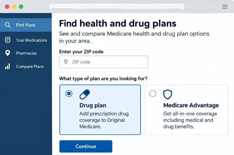 Schermata iniziale schematica per il confronto dei piani Medicare, con un campo per il codice postale e opzioni separate per il piano farmaceutico e per Medicare Advantage.