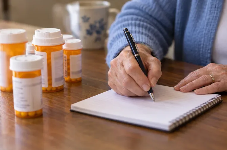 Een hand schrijft aantekeningen in een notitieboekje naast medicijnflesjes en apotheekdocumenten.