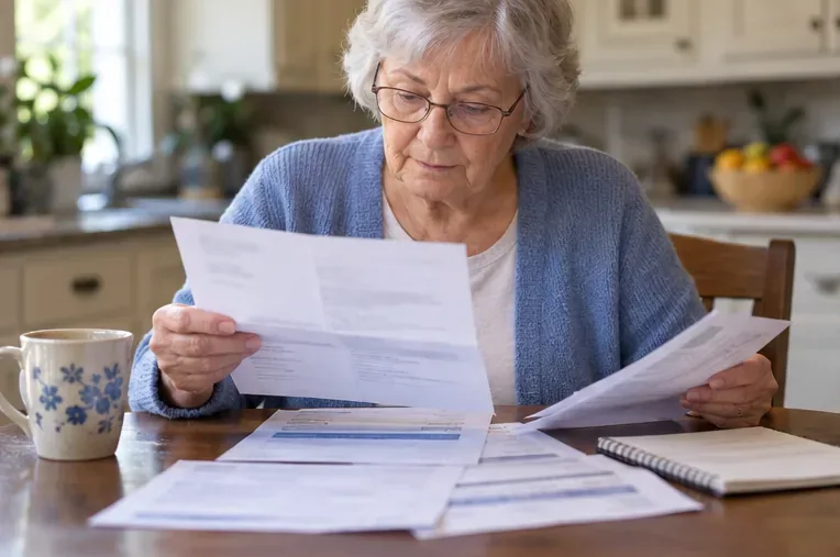Een oudere vrouw bekijkt documenten over haar Medicare-verzekering aan een tafeltje naast haar bril en een kop koffie.