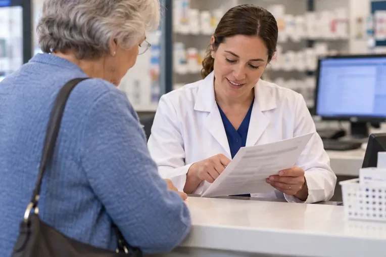 Een apotheker en een oudere klant bekijken samen de papieren aan de balie van de apotheek.