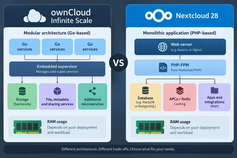 ownCloud Infinite Scale과 Nextcloud 28 비교: 성능 및 RAM 사용량 설명