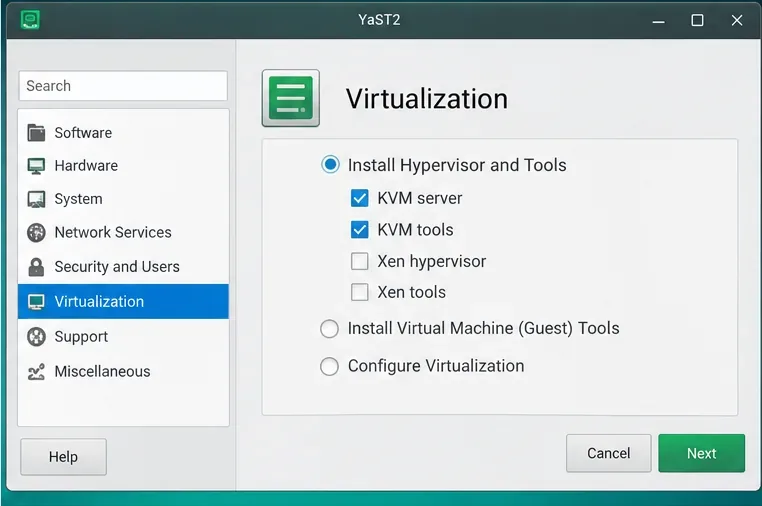 หน้าต่าง YaST Virtualization ที่เลือกเซิร์ฟเวอร์ KVM และเครื่องมือ KVM แล้ว