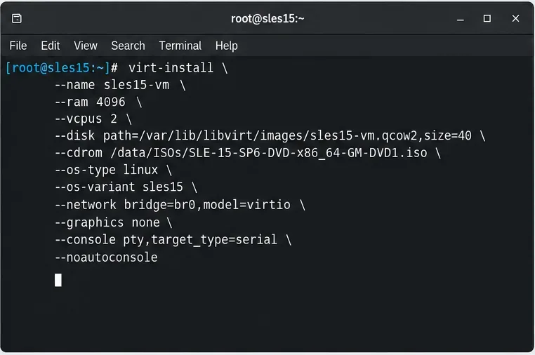 หน้าต่างเทอร์มินัลแสดงคำสั่ง virt-install ที่ใช้กำหนดเครื่องเสมือน SLES 15