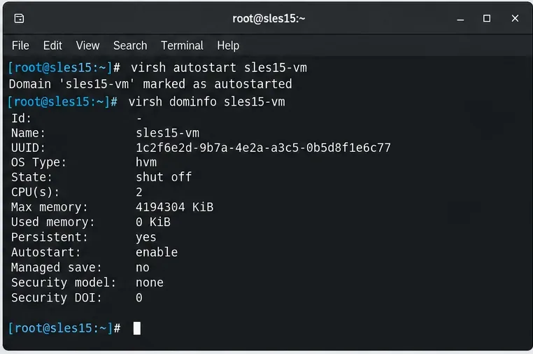 เทอร์มินัล SLES แสดงผลลัพธ์ของคำสั่ง virsh autostart และ dominfo สำหรับ VM แบบถาวร